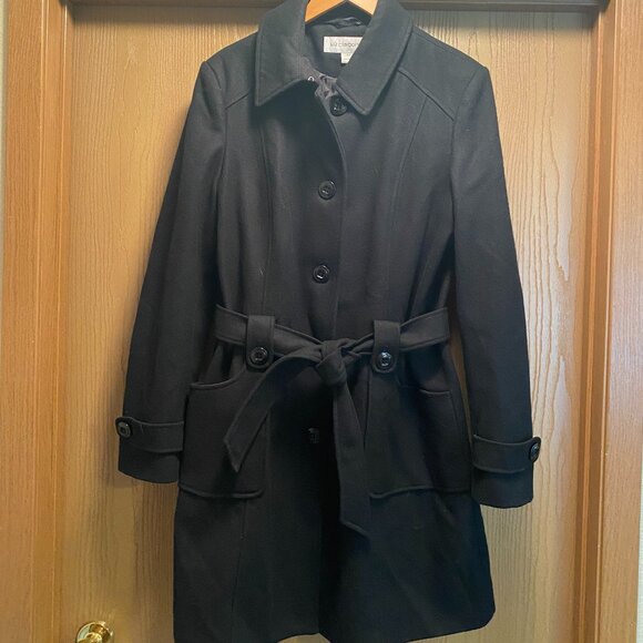 VTG Classic Black Wool Coat Womens XLT Black Wool Blend Belted Liz Claiborne - Picture 1 of 3
